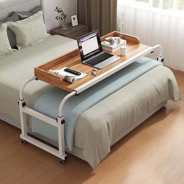 Imagem de Mesa de cama ajustável com rodas, móvel sobre a cama King Queen Laptop para comer na cama com comprimento e altura ajustáveis ​​Mesa de computador, marrom, 120 cm