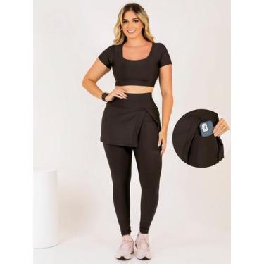 Imagem de Conjunto Calça legging Saia Fenda Com Bolso Top Cropeed Moda Evangélic