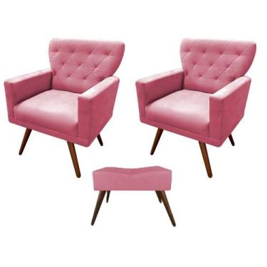 Imagem de Kit 2 Poltronas Decorativa Aurora + 1 Puff Retangular Suede Rosa Pés M