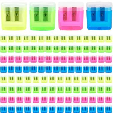 Imagem de 120 apontadores de lápis coloridos a granel com furos duplos apontadores manuais portáteis para crianças, estudantes, material de sala de aula, 4 cores