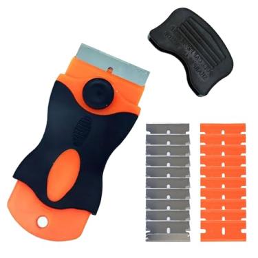 Imagem de Raspador de lâmina de barbear com trava com tampa de segurança, com 5 lâminas extras de plástico e 5 lâminas de metal para limpeza de vidro, tinta e etiqueta antiga, removedor de adesivo de decalque,