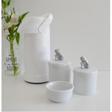 Imagem de kit Higiene Bebê Potes K022 Cotonete Prata Algodão Limpeza Porcelana M