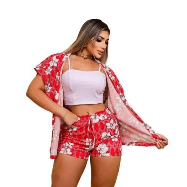 Imagem de Conjunto Feminino Estampado 3 Pç Short Cropped e Kimono 0379 - Bellucy