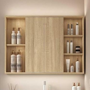 Imagem de Armário de remédios com prateleiras, armário de espelho de banheiro, armazenamento de madeira, armário de parede com LED, instalação de montagem em superfície, economiza espaço, antiembaçamento,