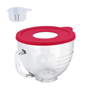 Imagem de Tigela de vidro compatível com batedeira KITCHENAID, 5QT, com tampa vermelha compatível com Artisan 5KSM125, 5KSM150, 5KSM175, 5KSM7580, KSM150, RRK150 e mais modelos para fixação simples
