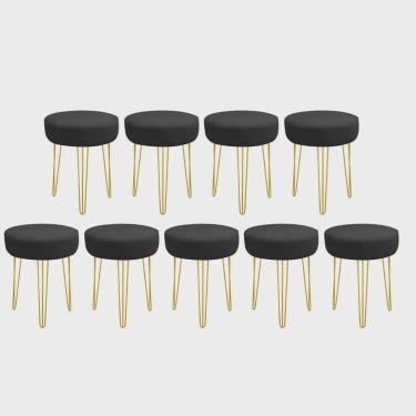 Imagem de Kit 09 Banquetas Puff Jullia Luxo 55cm Industrial Ferro Dourado Corino Preto - Ahz Móveis