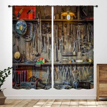 Imagem de Cortinas de caverna masculina, vintage, rústico, garagem, ferramentas, galpão, oficina, equipamento de fixação, cortinas, tratamentos para meninos, homens, adolescentes, quarto, sala de estar, cozinha
