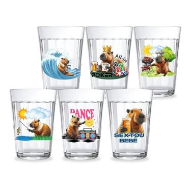 Imagem de Conjunto 6 Copos Americanos Estampa Capivara Vidro Resistente 190ml Personalizado Decorado Good Vides Praia Churras Jogos Dance Pesca Fãs de Capivaras