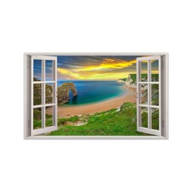 Imagem de MUHJDYC Imagem de janela falsa - impressões de arte de parede da natureza - Mar praia lindo pôr do sol pintura paisagem mural de parede - pôsteres de janela falsa 3D para parede escritório sala de