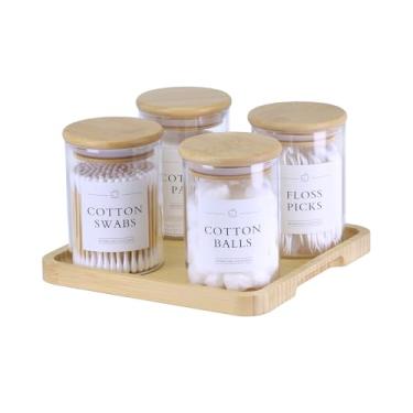 Imagem de INIUNIK Suporte Para Cotonete Com Bandeja De Maquiagem - Pacote 4 Potes Vidro Boticário Tampas, Cotonete, Palito Fio Dental, Organizadores Banheiro, Potes, Recipientes, Recipientes E Acessórios