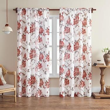 Imagem de Cortinas florais vermelhas 2 painéis de 2 cm de comprimento para sala de estar quarto cortinas texturizadas flor peônia transparente cortina com filtro de luz para quarto de bebê de meninas, decoração