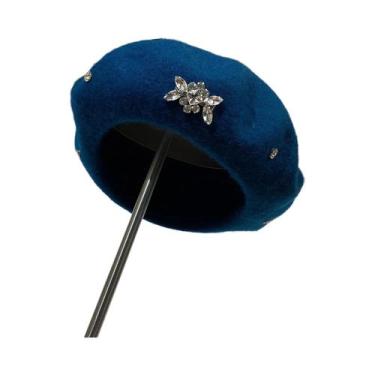 Imagem de Boina Feminina de Lã com Strass - Moda Coreana para Inverno, Azul pavã
