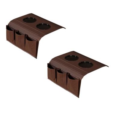 Imagem de Kit 2 Bandejas Esteira Para Braço De Sofá De Couro Marrom Com Porta Controle