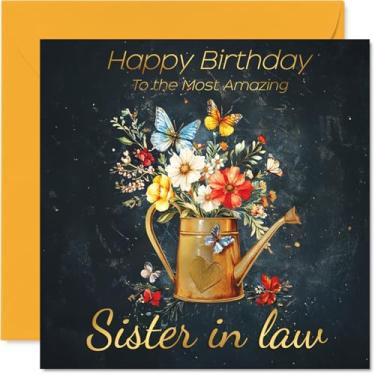 Imagem de Cartão de aniversário Gold Sister in Law - Flores para regador - Cartão de feliz aniversário para cunhada do irmão irmão, cartões de felicitações florais dourados de 14 cm