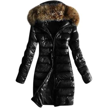 Imagem de Mulheres Casaco Quente Outwear Acolchoado Casacos De Inverno Gola De Pele Com Capuz Jaqueta Longa Tops Com Cinto, Black Long, XXL