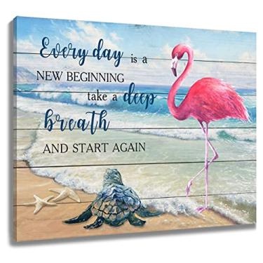 Imagem de LB Arte de parede de praia tropical para banheiro flamingo rosa tartaruga marinha decoração de quarto costeiro impressão em tela motivacional para sala de estar quarto dormitório decoração de parede