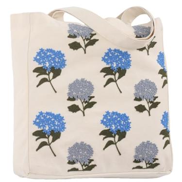 Imagem de Perseverance Trade Bolsa feminina de lona bordada estética com hortênsia azul com fivela magnética e zíper bolso interno reutilizável de algodão para compras, compras, praia, trabalho, academia