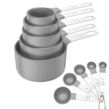 Imagem de Conjunto de copos e colheres medidores, 10 peças de copos empilháveis e colheres com cabo de aço inoxidável, colheres medidoras para ingredientes secos e líquidos. (cinza)