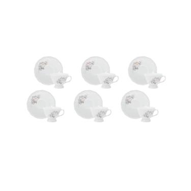 Imagem de Estojo com 6 Xícaras de de Chá com Pires com Pé. Modelo Redondo com Relevo Pomerode. Decoração Eterna. Fabricado pela Porcelana Schmidt.