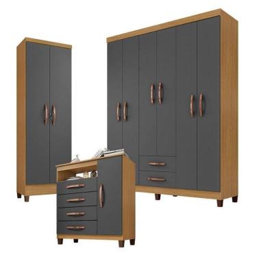 Imagem de Guarda Roupa Casal E Cômoda Sapateira Cannes E Armário Multiuso Egito Carvalho Americano Grafite – Incorplac