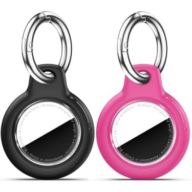 Imagem de Pacote com 2 Airtags de suporte à prova d'água com chaveiro Apple AirTag, capa rígida para PC AirTag, suporte antiarranhões e choques, chaveiros e chaveiros masculinos femininos - preto + vermelho