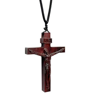 Imagem de Colar de crucifixo de madeira para homens e mulheres, cruz de madeira marrom cristã Jesus católico feito à mão natural, corda trançada, joia religiosa, presente espiritual para confirmação de batismo