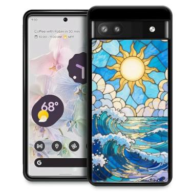 Imagem de CARLOCA Capa compatível com o Google Pixel 7A para meninas à prova de choque antiarranhões capa traseira de PC rígida estética padrão azul vitral sol nuvens ondas do oceano
