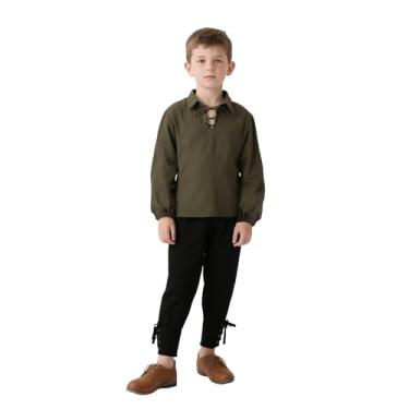 Imagem de VZQI Camisa infantil medieval com gola de renda, manga comprida, punhos largos, camiseta de pirata renascentista, fantasia de Halloween verde com calça de 90 cm a 90 cm
