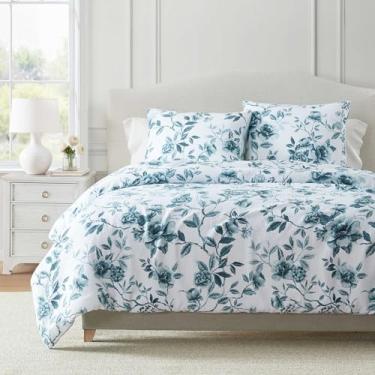 Imagem de Martha Stewart - Conjunto de edredom Queen, jacquard de algodão texturizado com suavidade refinada e sensação de peso médio, conjunto de cama de 3 peças com fronhas combinando (azul floral Vivian)
