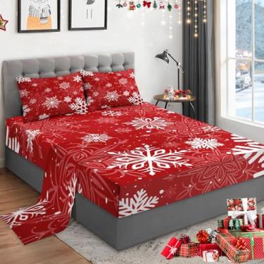 Imagem de WeCozy Jogo de lençol casal de Natal com 4 peças, bolso profundo de 35,5 cm, floco de neve de inverno vermelho para crianças e adultos, roupa de cama de feliz Natal com 2 fronhas para decoração de