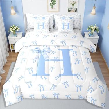 Imagem de Erosebridal Conjunto de edredom com laço kawaii, 7 peças, feminino, inicial H, com laço, letra romântica, nó de laço, para crianças, meninas, adolescentes, conjunto de cama casal