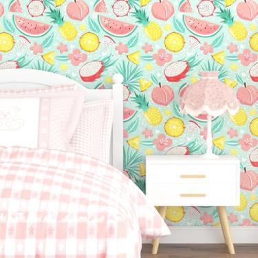 Imagem de Skyblur Papel de parede descasque e cole verde frutas de verão papel de contato para quarto sala de estar cobertura de parede papel de parede de vinil autoadesivo decoração de casa 17,5 pol. × 118