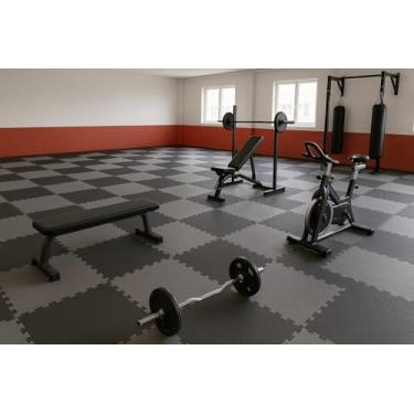 Imagem de Kit 16 Tatames Tapetes EVA 50x50x2cm 20mm Bicolor Cinza Preto Dupla Face Linha Premium com Bordas de Acabamento