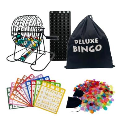 Imagem de SUTIMSHE Deluxe Bingo Game Set-Includes Metal Cage with Big Bag,1000 Mixed Color Plastic Chips,100 Large Cards,75 Bingo Balls,Plastic Masterboard, 2 Velvet Bag,Ideal for Large Group and Parties