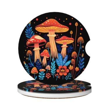 Imagem de Neukim Pacote com 2 porta-copos coloridos de folhas florais de cogumelo, porta-copos absorventes de cerâmica antiderrapante de 6 cm com base de cortiça e entalhe de dedo, acessórios de carro