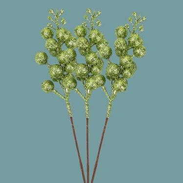 Imagem de 3 peças com glitter caules de bagas em pó de espuma artificial falsa galhos de frutas silvestres DIY árvore de Natal colheita de azevinho guirlanda decoração de mesa de festa, verde, 23,5 cm de