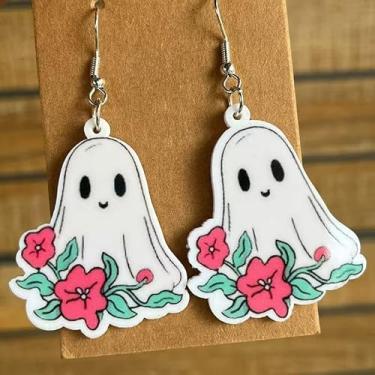 Imagem de Brincos de Halloween para mulheres: Brincos pendentes de gota com design de abóbora e fantasma sorridente, perfeitos para roupas de Halloween e acessórios de bijuteria, Small, Acrílico, Sem pedra