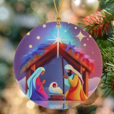 Imagem de Enfeites de Natal, decorações de árvore, enfeites de pendurar para 1 peça, presépio de acrílico redondo, presente cristão, colorido, decoração de casa ao ar livre, interior