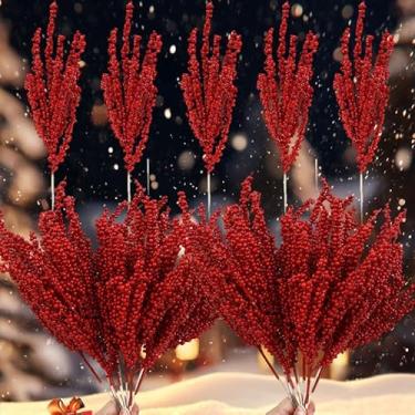 Imagem de 5 peças de caule de bagas artificiais de Natal vermelho azevinho flores falsas planta árvore de Natal festa de ano novo decoração de casa ornamento presentes