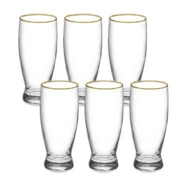 Imagem de Kit 6 Copos Cerveja 320Ml Vidro Com Borda Dourada Dynasty