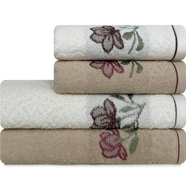 Imagem de Jogo de Toalhas 4 Peças Banho e Rosto 100% Algodão Karsten Encanto (Branco e Bege)