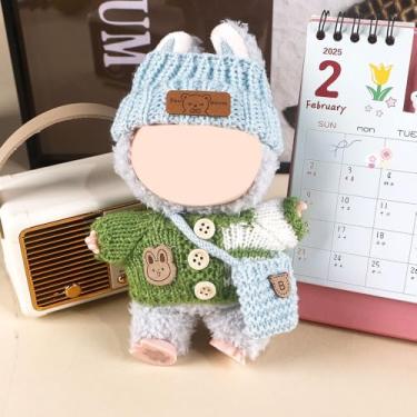 Imagem de Compatível com Labubu (sem boneca) - Conjunto de malha verde-azul (chapéu + suéter + calça + bolsa azul) com patch de coelho, roupas de boneca de 15 cm/17 cm (verde-azul, com bolsa)