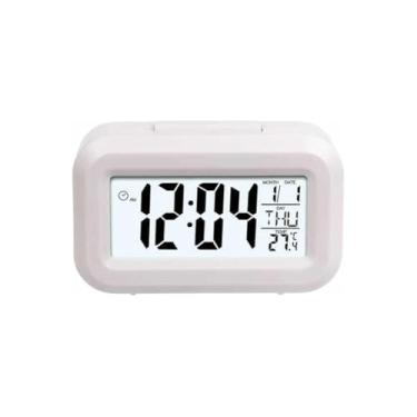 Imagem de Mini Relógio Despertador Digital LED, Branco, 8x8x8cm, com Display Colorido, Função Soneca, Indicador de Temperatura e Data, Alimentado por Pilhas