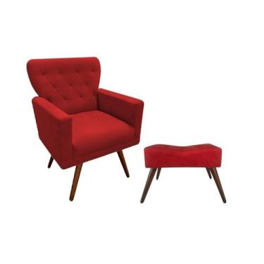 Imagem de Kit Poltrona Decorativa Aurora + 1 Puff Retangular Suede Vermelho Pés 