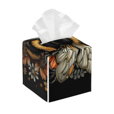 Imagem de Capa quadrada de couro para caixa de lenços de papel, impermeável, preta, flor de abelha, organizador de papel facial com cinto inferior, estojo de lenços para mesa, banheiro, escritório, mesa, carro