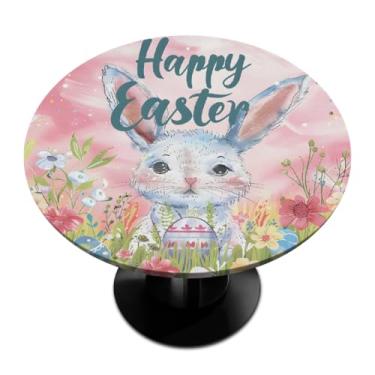 Imagem de hongjinglin Toalha de mesa redonda com borda elástica de Páscoa, toalha de mesa redonda limpável para ambientes internos e externos, pátio, jantar, cozinha, festival, decoração para mesas de 114 a 127