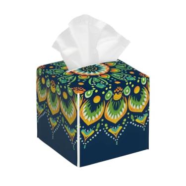 Imagem de Suporte quadrado de couro para caixa de lenços de papel, impermeável, étnico, azul damasco, organizador de papel facial com cinto inferior, estojo de lenços para mesa, banheiro, escritório, mesa