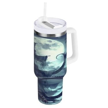 Imagem de Blueangle Copo isolado de 1,134 g com alça e tampa de canudo - Caneca de viagem de aço inoxidável à prova de vazamento, garrafa de água de navio pirata a vácuo de parede dupla (854)