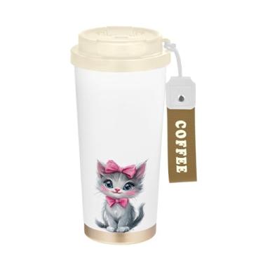 Imagem de SEHANY Caneca de viagem de gato gatinho fofo de 482 g xícaras de café reutilizáveis revestidas de cerâmica com tampa à prova de vazamento, parede dupla, isolamento a vácuo, copo de café de aço