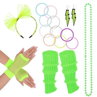 Imagem de Wanmu Acessórios para fantasias extravagantes dos anos 80, conjunto de roupa de festa feminina anos 1980, anéis, luvas arrastão, colar, pulseira, polainas para cosplay de Natal e Halloween (verde)